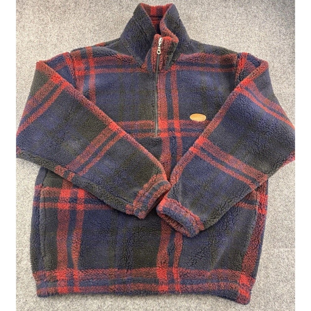 Woolrich Fleece Quarter Zip Pullover Navy Red Plaid Mens L